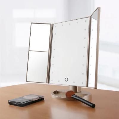 Top-Rank Selling Trifold LED Makeup Dimmable Brightness Household Mirror Product 2X 3X Magnifying Mirror