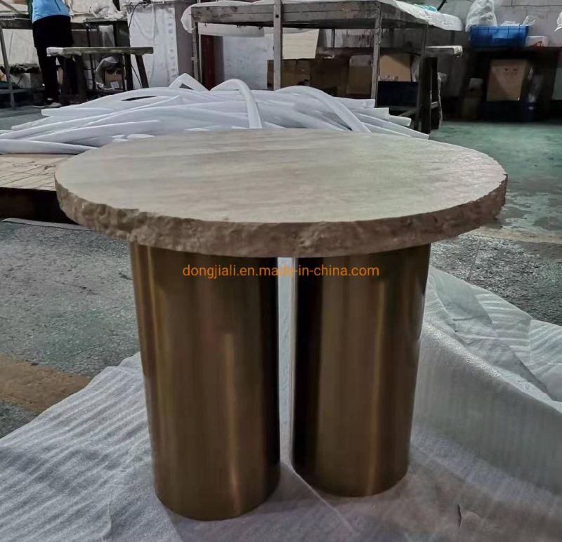 Modern Luxury Design Round Metal Frame Gold Coffee Table with Limestone Top