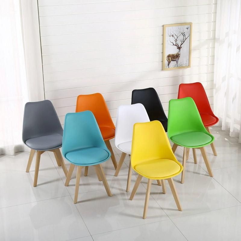 High Quality Home Furniture Stackable Elastic PU Seat Dining Plastic Chair with Solid Beech Wood Legs