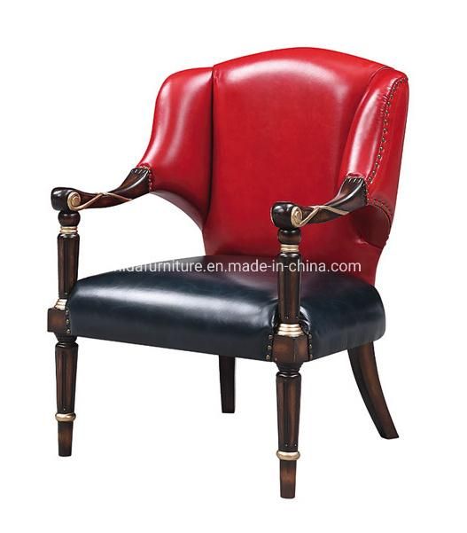 Genuine Leather Red Black Wooden Carved Armrest Chair