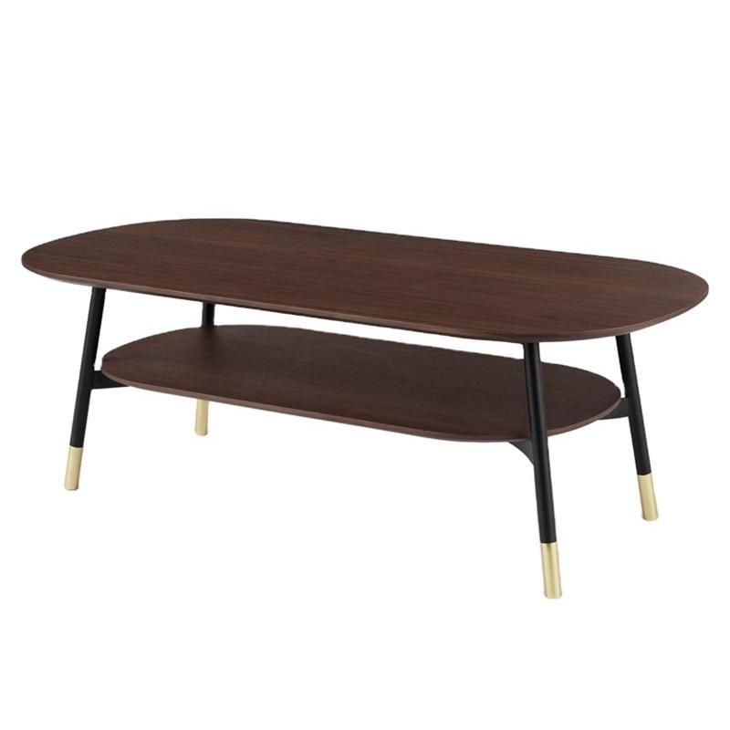 Modern Living Room Hotel Office Furniture Double Tea Table Walnut Veneer Wood Top Oval Shape Coffee Table with Golden Black Legs