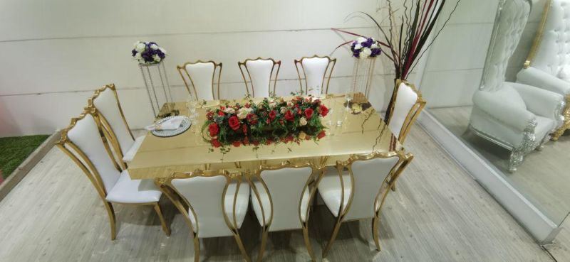 Royal Luxury Wedding Stainless Steel Gold Dining Table Round Marble Top and Chair Designs