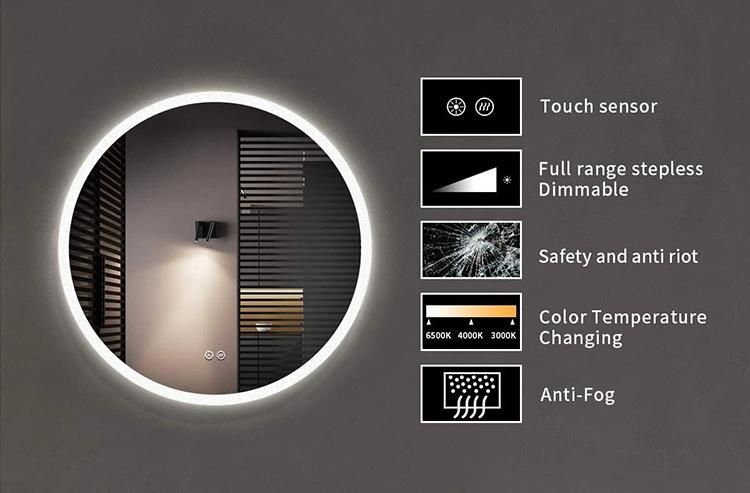 Factory Customized Frameless Round LED Lighted Smart Touch Mirror for Bathroom