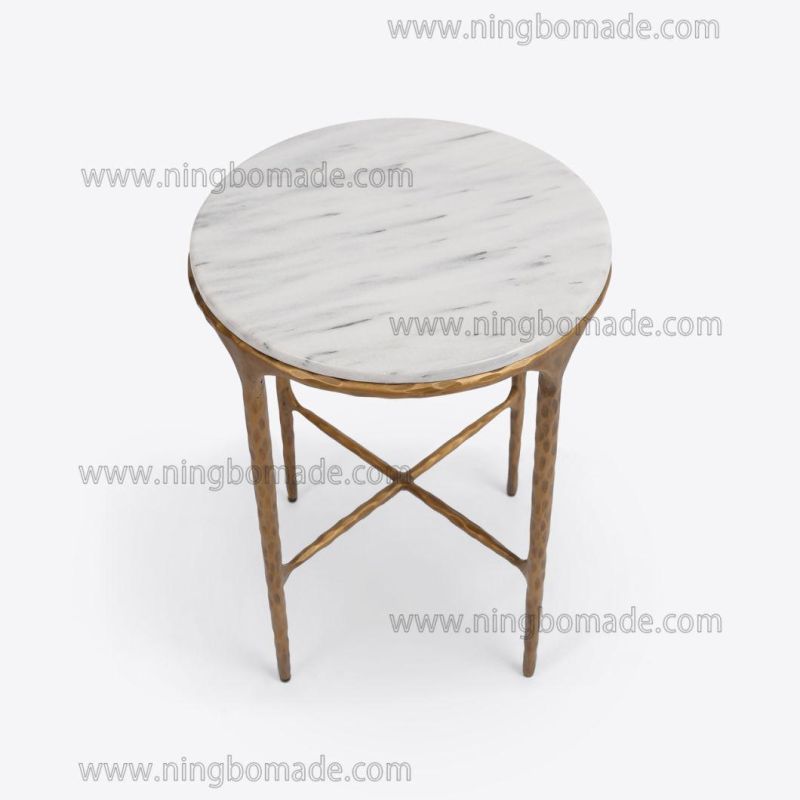 Rustic Hand Hammered Collection Furniture Forged Solid Iron Metal with Brass Color Thick Nature White Cloud Marble Round Corner Table