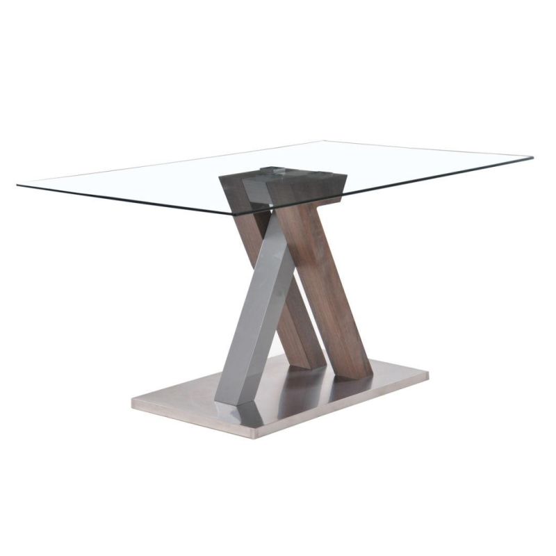 Kitchen Furniture Hotel Restaurant Modern Glass Top Cross Legs MDF Covered Brushed Stainless Steel Base Dining Table