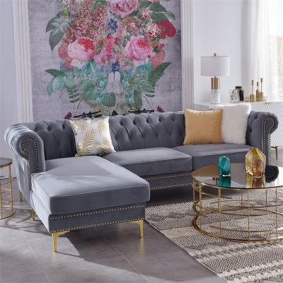 Comfortable Elegant Blue Velvet Fabric Chesterfield Modern Living Room Corner Sofa