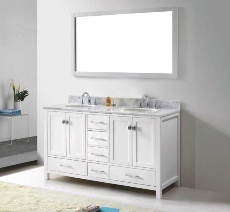 Exquisite and Elegant Marble Countertop, Black Double Basin Make-up Bathroom Cabinet