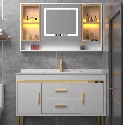 1000mm Width Luxury Modern Design LED Backlit Mirror Sintered Stone Top Ceramic Wash Basin Wooden Bathroom Vanity Cabinet Furniture