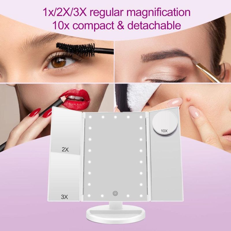 Amazon Top Seller Vanity LED Lighted Travel Makeup Mirror Desktop Trifold Magnified Make up Mirror with Lights