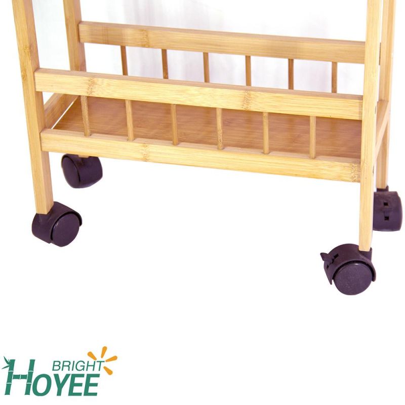 Natural Bamboo Serving Rack Rolling Kitchen Trolley Cart