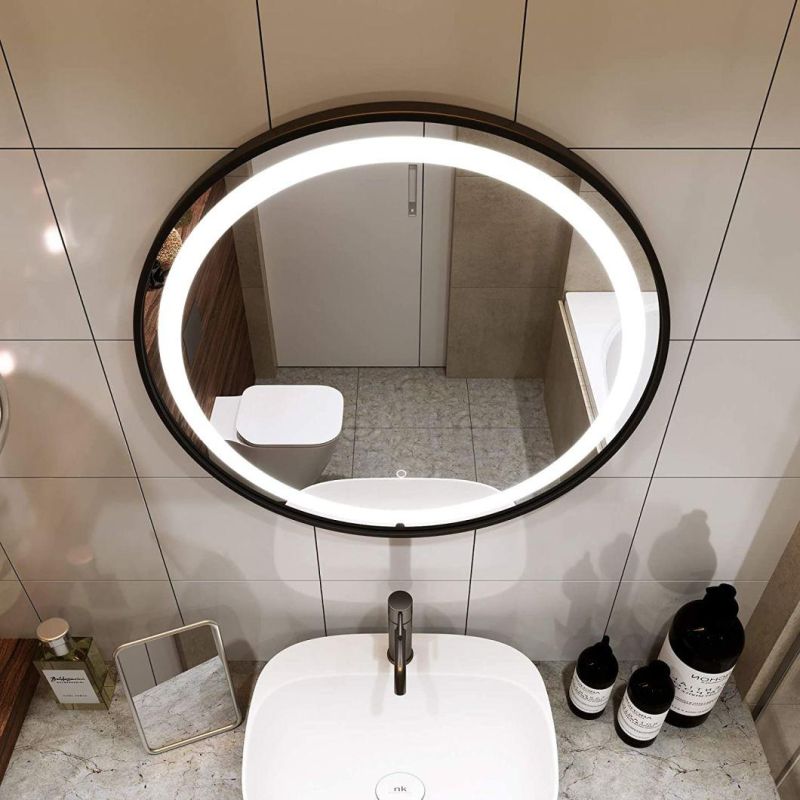 Round LED Lighting Bathroom Mirror, Black Frame, Wall Mounted Dimmable Memory Button, Waterproof