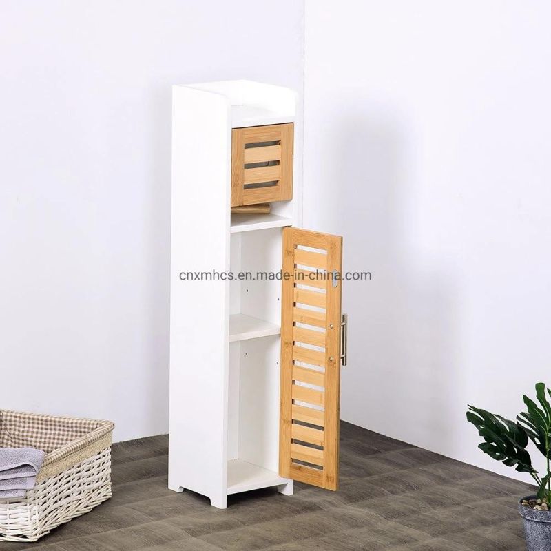 Modern Design Bamboo Wood Paper Toilet Holder Bathroom Storage Cabinet with Storage Shelf, Door