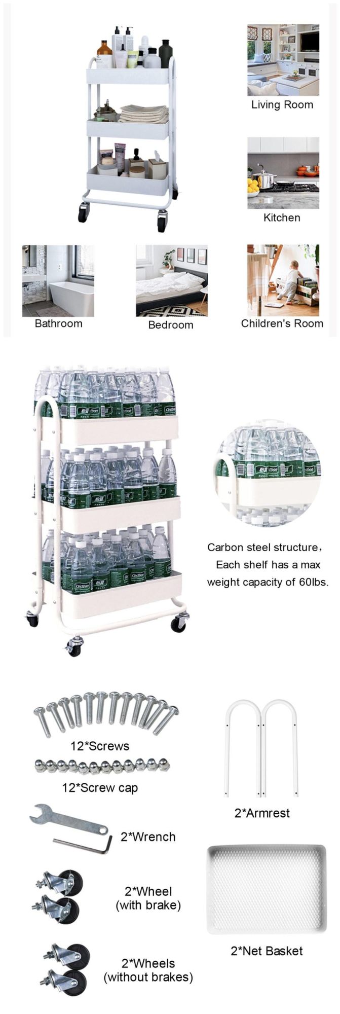 Movable Multi-Purpose Home Storage 3 Tiers White Metal Cart Kitchen Vegetable Trolley Storage Rolling Cart