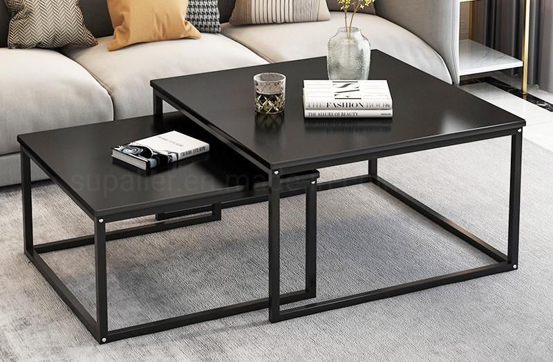 High Gloss Square Black Metal Marble Nesting Coffee Table