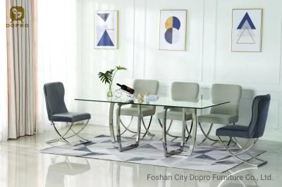 Hot Selling Minimalist Style Stainless Steel Dining Table with Glass Top