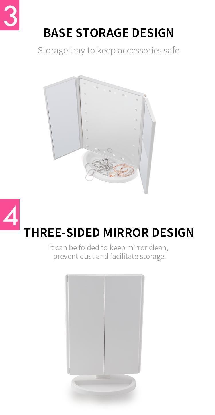 Pritech Amazon Top Seller Vanity LED Lighted Travel Makeup Mirror Desktop Trifold Magnified Makeup Mirror with Lights