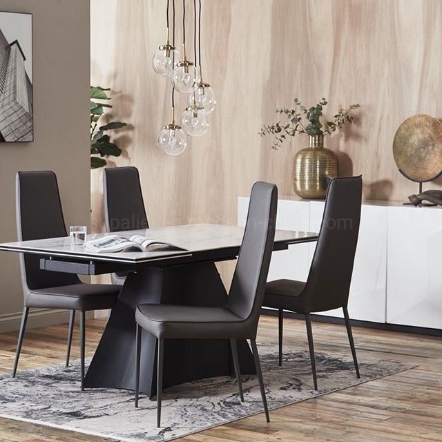 Modern English Marble Top Black Metal Base Extend Dining Table