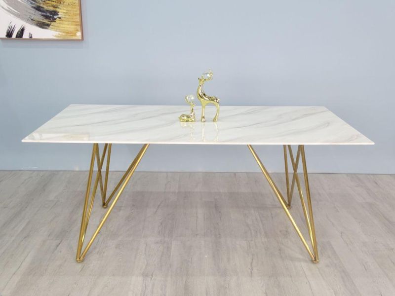 Luxury Home Restaurant Furniture MDF Top Marble Dining Sets Table with Golden Painted Legs