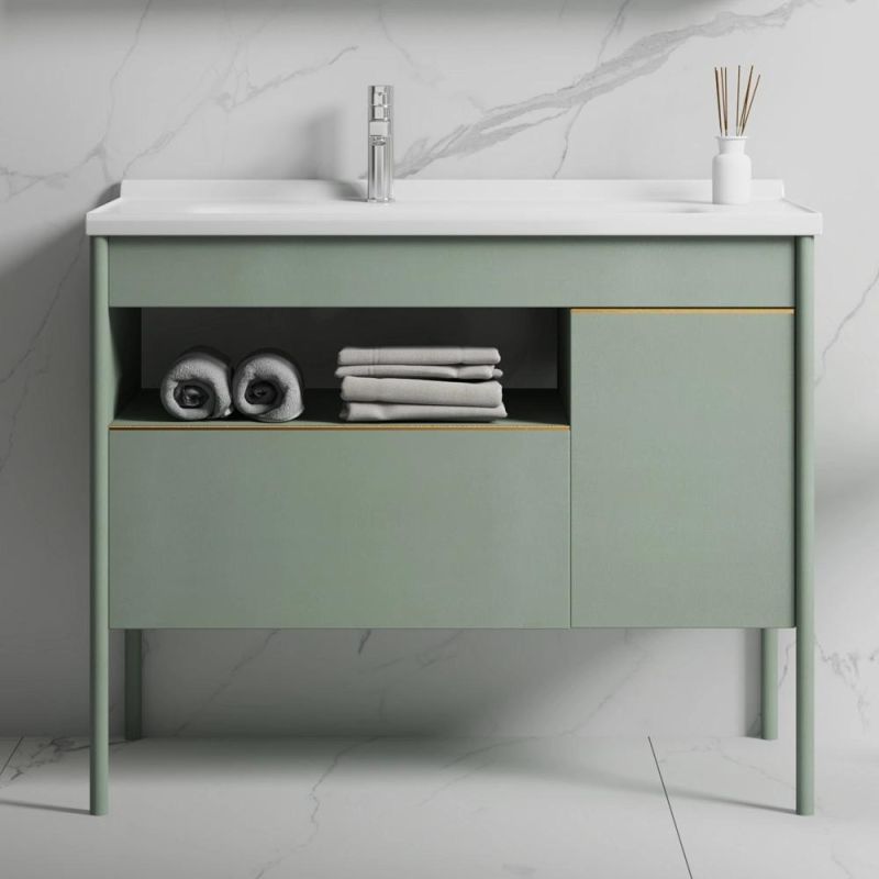 32" Green Bathroom Vanity Freestanding Integral Ceramic Sink with Door & Drawer