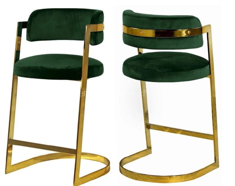 Gold Stainless Steel Green Velvet High Bar Chairs with Arms