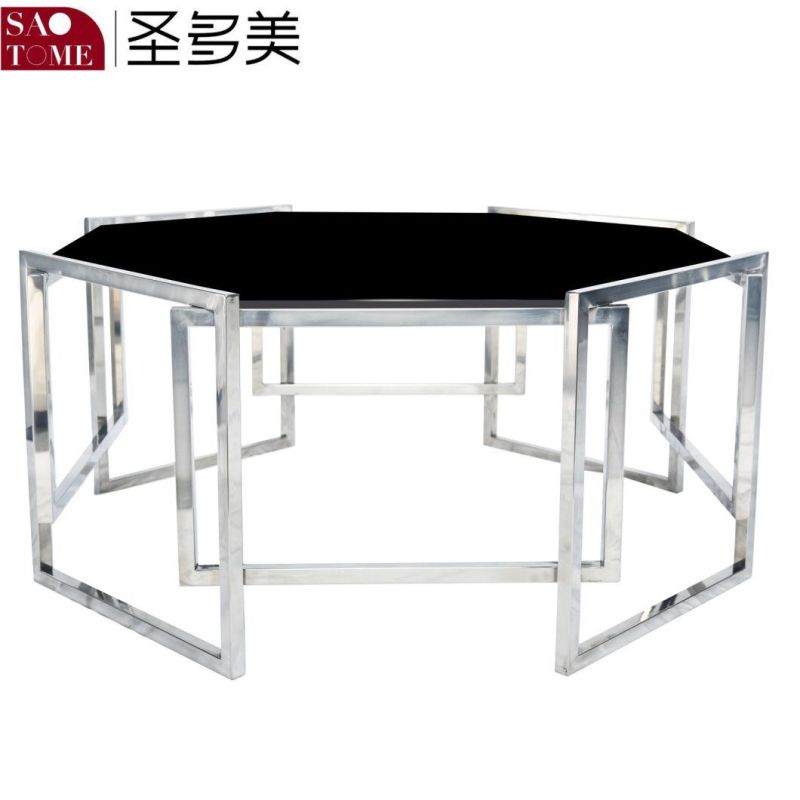 Modern Simple Stainless Steel Black Glass Octagon Coffee Table