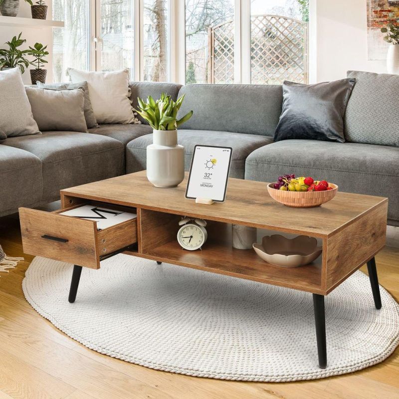 Coffee Table, Industrial TV Table with 1 Drawer and Open Storage Shelf for Living Room, Modern MID-Century Cocktail Table with Stable Pine Leg for Home Office