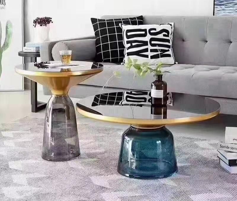 Italian Modern Luxury Golden Stainless Steel Top Color Glass Big Round Bottle Centre Coffee Table for Dining Room