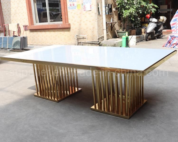 2020 New Arrival White Tempered Glass Gold Dining Table