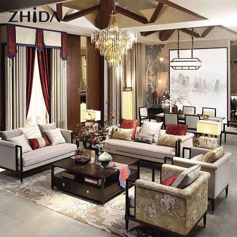 Hotel Lobby Furniture Modern Chinese Desing Wooden Fabric Sofa Set