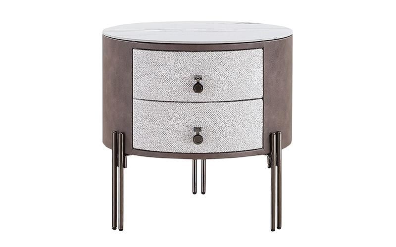 Contemporary Popular Design Italian Modern Design Luxury Bedroom Bedside Table Round Metal Leg Fabric Upholstered Drawer Nightstand Side Table