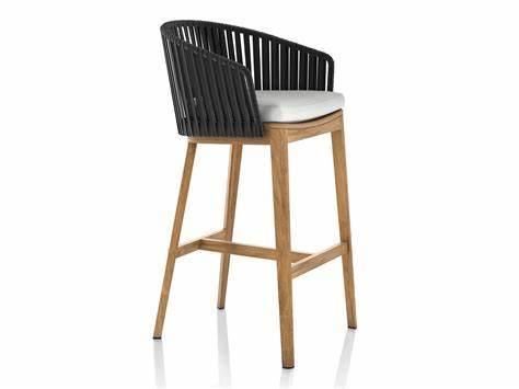 Tall Teak Wood Bar Stool with Black Rope Weaving Back