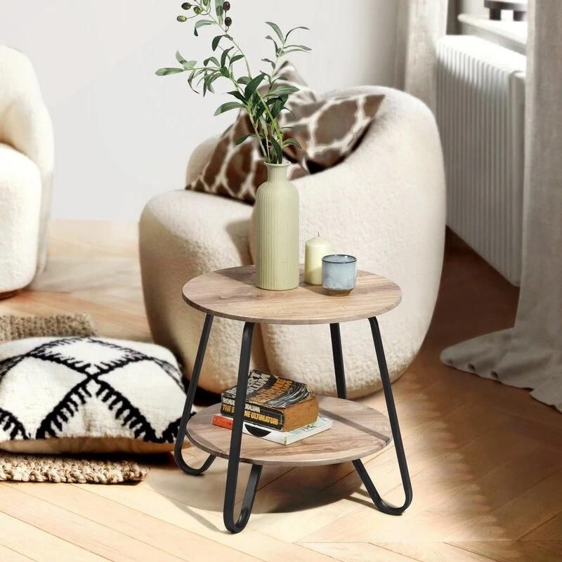 Living Room Furniture MDF Top Oak Veneer Sofa End Bedside Round Table Modern Metal Tube Leg 2 Layer Coffee Table for Sale