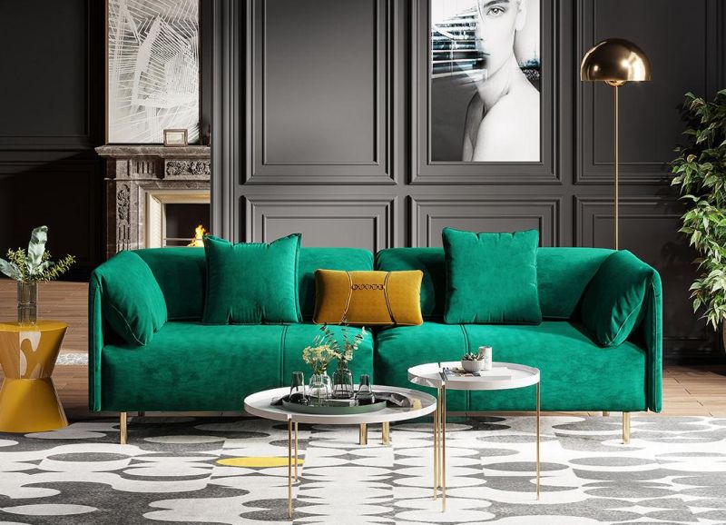 Luxury Modern Lounge Muebles Furniture Tufed Upholstered Green Fabric 2 Seaters Living Room Sofas with Golden Legs