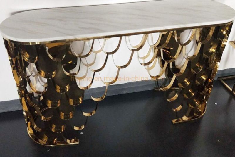 Wedding Dining Table Rectangular Stainless Steel Frame Console Desk in Golden with Brown Thick Top