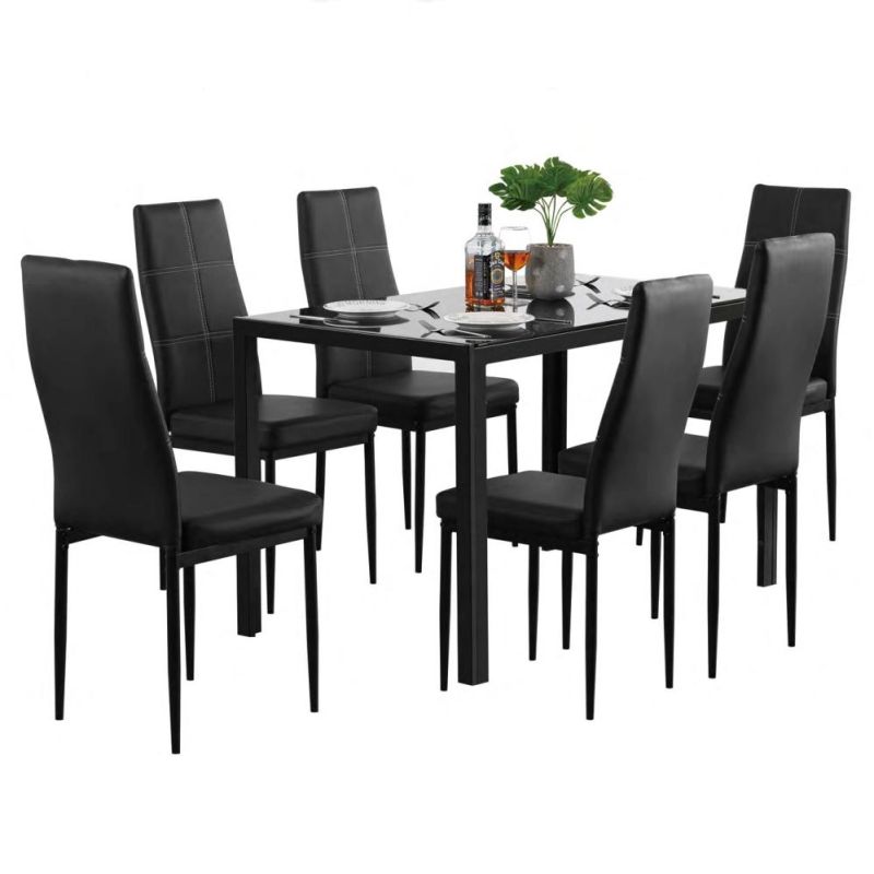 Black Glass Home Kitchen Furniture Leather Chairs Kitchen Furniture Dining Room Set Table