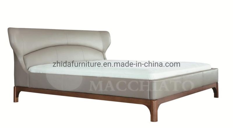 Hotel Design Wing Back Genuine Leather Wooden Legs Bedroom Bed