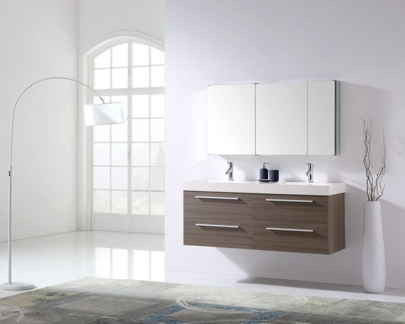 Simple European Classic Hotel or Home Use Plywood Melamine Four Drawers Mirror Cabinet Bathroom Cabinet Vanity Furniture with Double Ceramic or Resign Sinks