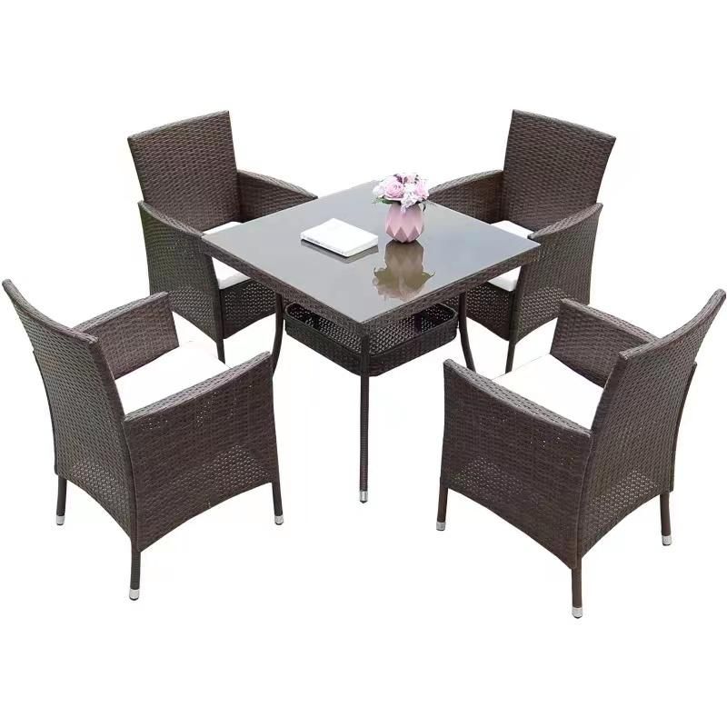 Cast Iron Outdoor Set Rectangle Clear Tempered Glass Top Table Rattan Garden Chairs Set