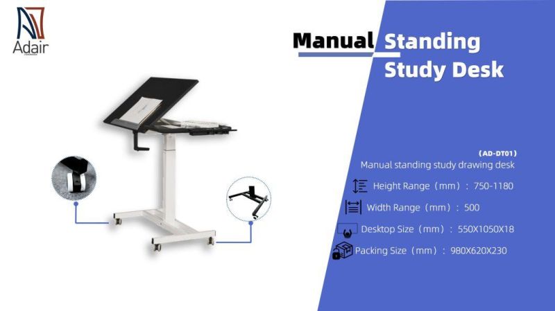 Single Leg Manual Office Laptop Height Adjustable Reading Table with Hand Crank