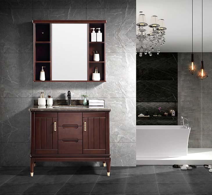 High-Grade Solid Wood Walnut Color Bathroom Vanity with Marble Top and Mirror Cabinet