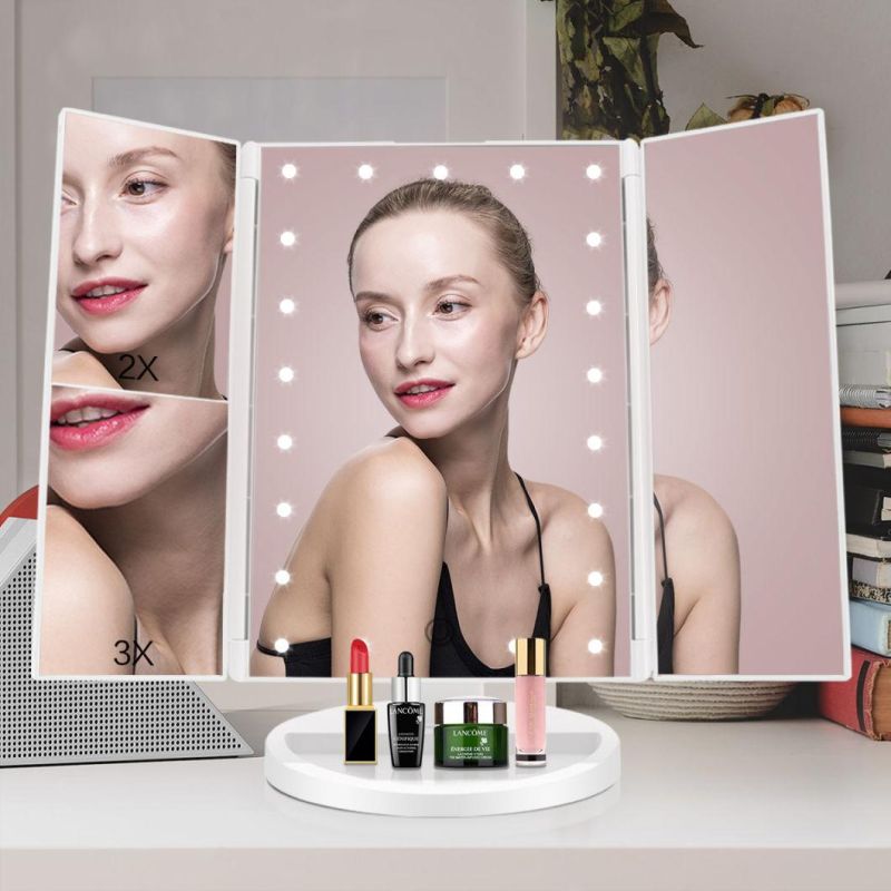 Amazon Top Seller Vanity LED Lighted Travel Makeup Mirror Desktop Trifold Magnified Make up Mirror with Lights