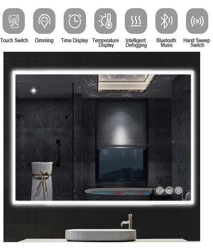 Rectangle Bathroom LED Mirror with Backlit Touch Button Fogless Dimmable