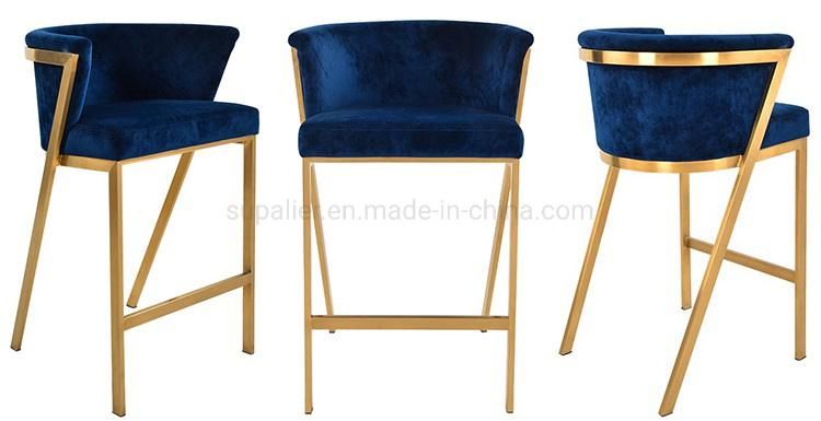 New Design Blue Velvet Bar High Chair with Metal Legs