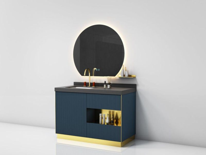 Navy Blue Double Basin Melamine Bathroom Vanity with Rectangular LED Mirror