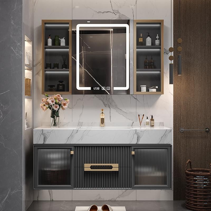 Exquisite Exterior Design White Floor Mounted Design Bathroom Vanity Cabinet with LED Mirror and Rock Plate Basin