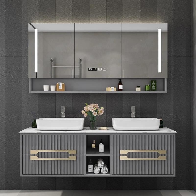 Modern Hot Selling Wall Mounted Plywood with Melamine Cabinet Quartz Table Top Bathroom Vanity From China Suppliers with LED Mirror Cabinet