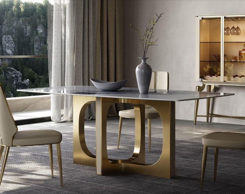 Italian Luxury Style Modern Dining Table Set Natural Marble Top Stainless Steel Home Dining Room Furniture Rectangle Dining Tables and Chairs