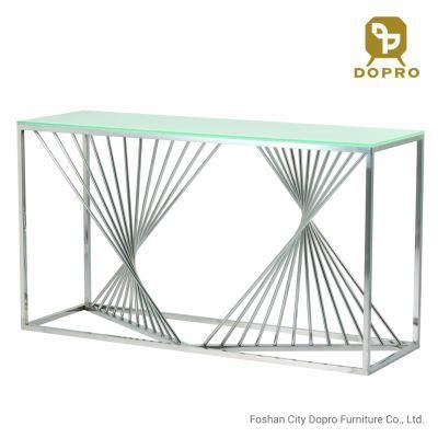 Stainless Steel Vertical Spiral Center Column Console Table with Glass Top