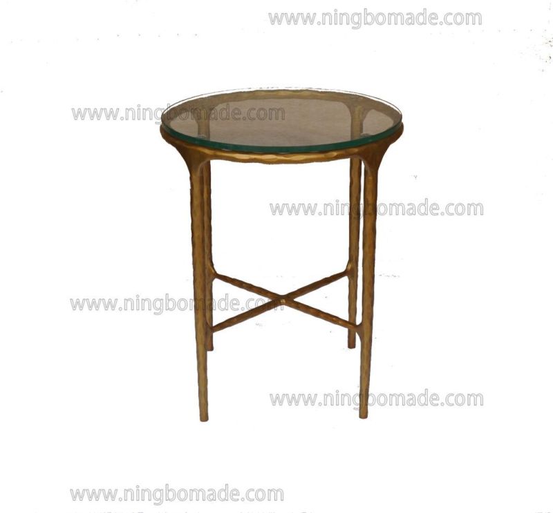 Rustic Hand Hammered Collection Furniture Forged Solid Iron Metal with Brass Color Thick Tempered Glass Round Corner Table