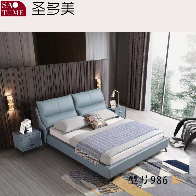 Modern Dark Blue Leather High Density Sponge Double Bed